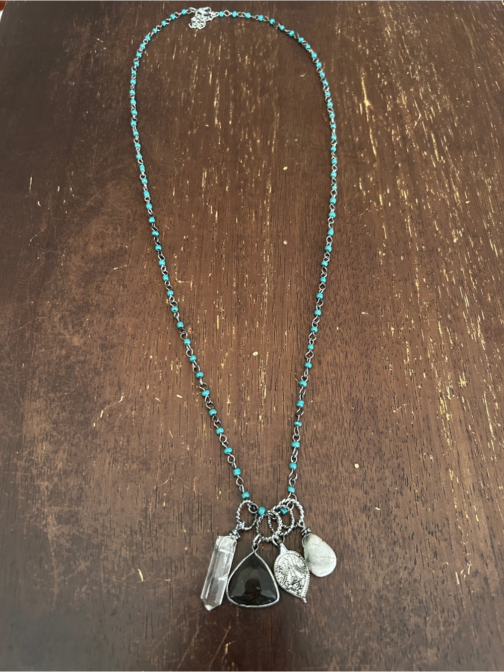 Turquoise Beaded Mixed Charm Necklace with Brown Pendant